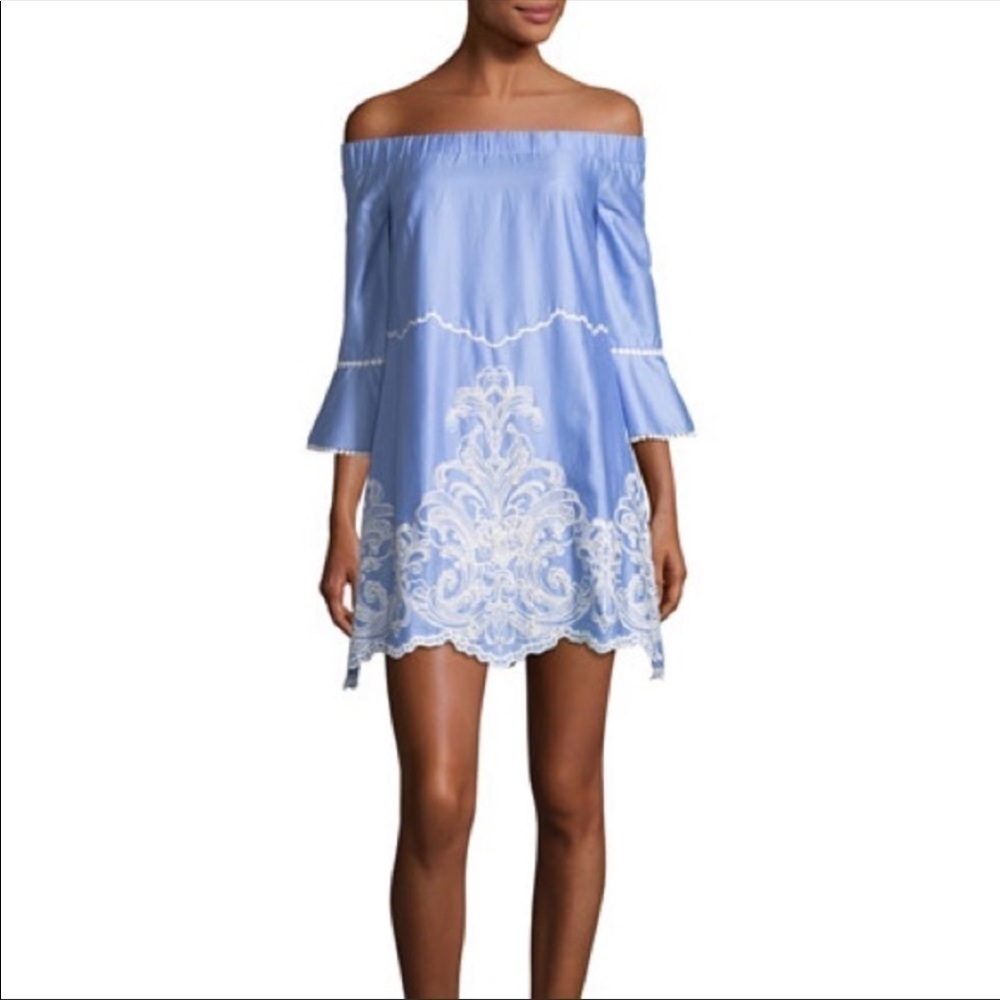 FoxieDox Marybell Embroidered Off Shoulder Dress Blue/White Women’s Size Medium